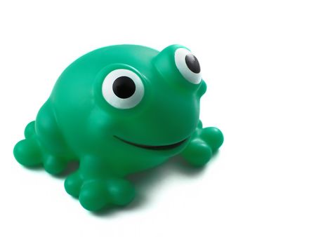 Funny green frog isolated over white backgroundの写真素材