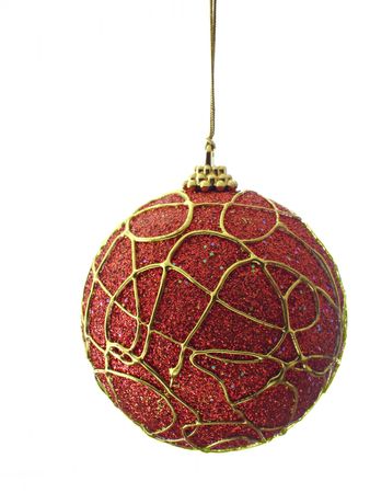 Red christmas ball isolated over white backgroundの写真素材