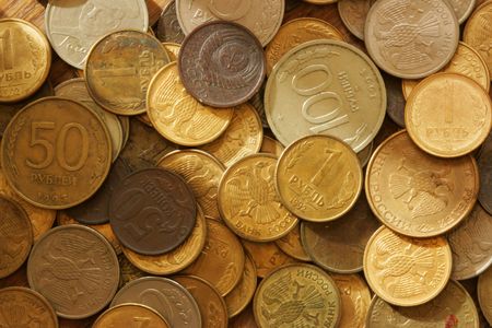 Soviet and russian coins close-up view from aboveの写真素材