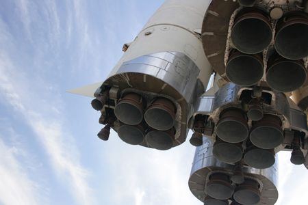 Rocket's vehicle close-up against a blue skyの写真素材