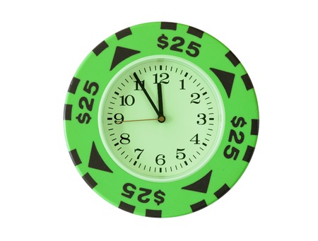 25 dollars casino chip with clock in centre isolated over white background. Gamblng time concept.
