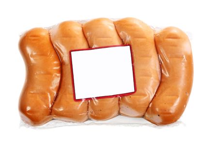 Package of small sausage isolated over white backgroundの写真素材