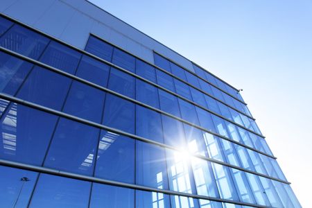 Perspective of wall modern industrial buildingll and sun glare