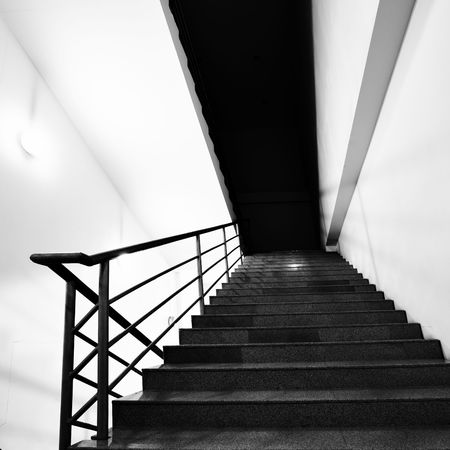 Wide angle shot of stairs. Black and white image