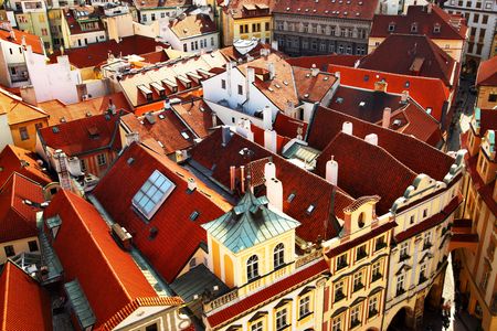 Old tiled roofs of Prague, Czech republicの写真素材