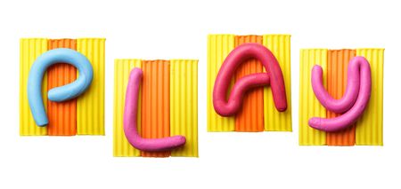 Word PLAY made from plasticine isolated over white backgroundの写真素材