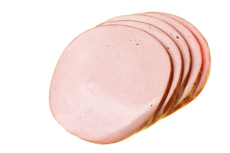 Boiled sausage slices isolated over the white background の写真素材