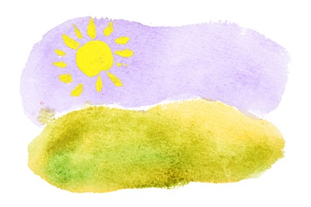 Painted watercolor summer landscape over white backgroundの写真素材