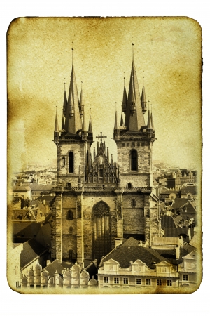 Vintage postcard (imitation) with Church of Virgin Maria Before Tyn in Pragueの写真素材