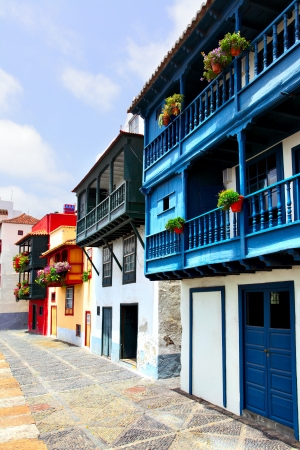 Colorful houses with balconies in Santa Cruz de La Palma, Canary Islandsの写真素材