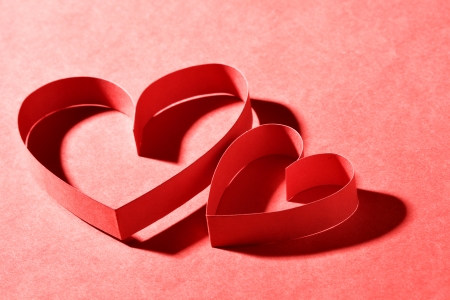 Two red paper hearts - Card for Valentineの写真素材