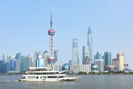 SHANGHAI, CHINA - APRIL 14, 2014  Panoramic view of Huangpu river and Pudong New Area