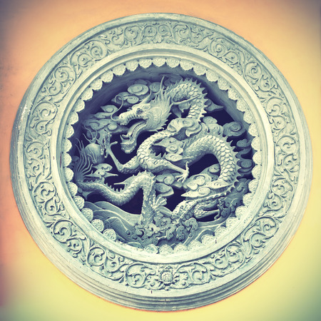 Chinese dragon in old tample, China. Retro style filtred/の写真素材