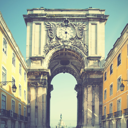 Rua Augusta arch in Lisbon, Portugal. Retro style filtred imageの写真素材