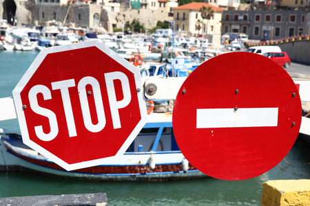 Stop traffic and No Entry signs on the barrierの写真素材