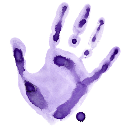 Purple watercolor hand print isolated on white background, raster illustrationの写真素材