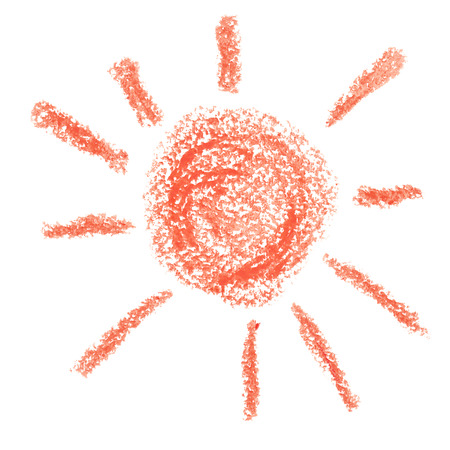 Childlike crayon Sun isolated on white backgroundの写真素材