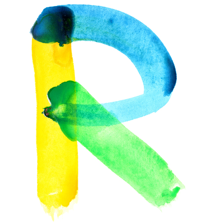 Letter R - Vivid watercolor alphabet. Colours resemble flag of Brazilの写真素材