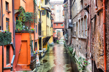 Canal in the old town of Bologna, Italyの写真素材
