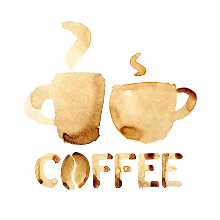 Coffee cups painted in real coffee isolated over the white backgroundの写真素材