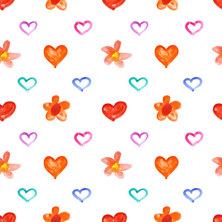 Showy watercolor hearts and flowers - raster seamless patternの写真素材