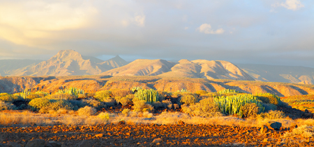 Picturesque panoramic view of desert and mountains at sundown on Tenerife, Canary Islands.の写真素材