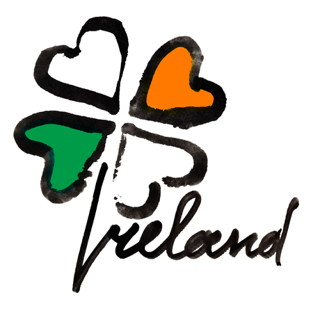Ireland. Four leaf Irish clover with colors of the Ireland flag and lettering over white backgroundの写真素材
