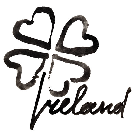 Ireland. Four leaf Irish clover and lettering over white backgroundの写真素材