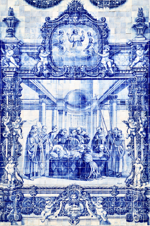Porto, Portugal - May 13, 2012: Traditional portuguese tilework azulejo on outer wall of the Capela Das Almas De Santa Catarina church in Portoのeditorial素材