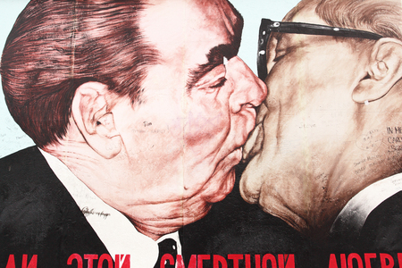 Berlin, Germany - August 22, 2012:  Famous "The Kiss" by Dmitry Vrubel on Berlin Wall at East Side Galleryのeditorial素材