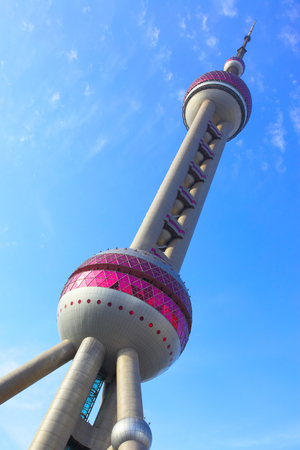Shanghai, China - April 10, 2014: The Oriental Pearl Radio and TV Tower (468 m). Construction was completed in 1994のeditorial素材