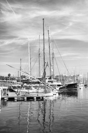 Yachts in port of Barcelona, Spain. Black and white imageの写真素材