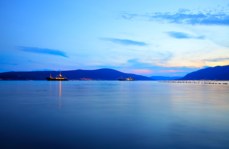 The Bay of Kotor near Tivat at sunset, Montenegroの写真素材