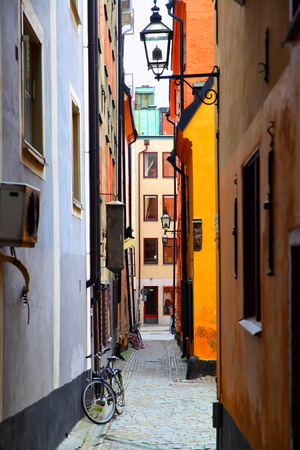 Picturesque old side street in Stockholm, Gamla Stan, Swedenの写真素材