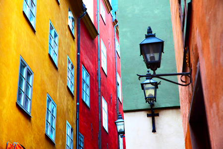 Colorful motley old houses in Gamla Stan district of Stockholm, Sweden. Shallow DOF!の写真素材