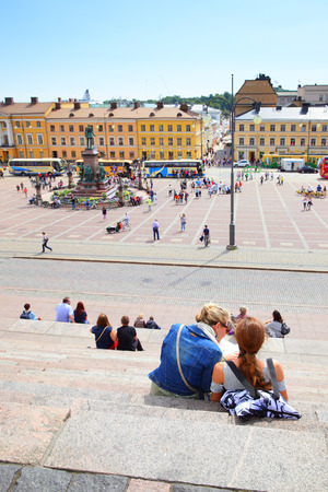 Helsinki, Finland - July 26, 2017: Senate Square and tourists on stairs in Helsinkiのeditorial素材