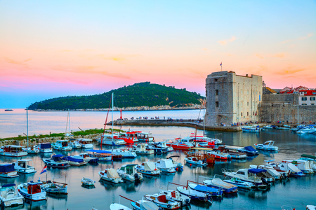 Old port in Dubrovnik in the evening, Croatiaの写真素材
