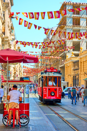 Istanbul, Turkey - July 17, 2018: Istiklal pedestrian street in Istanbul and old tramのeditorial素材