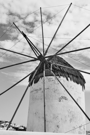 Close-up of traditional greek windmill in Mykonos island, Cyclades, Greece. Black and white imageの写真素材