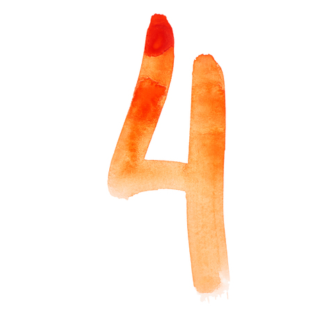 Four - Hand painted orange watercolor numbersの写真素材