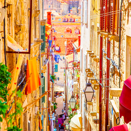Street in The Old Town of Dubrovnik on sunny summer day, Croatia. Cityscape. Square croppingの写真素材