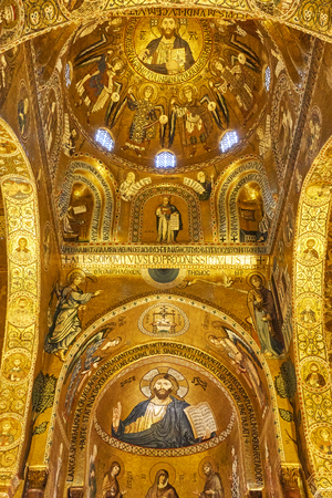 Ancient golden mosaics (XII century) in The Cathedral of Cefalu (Duomo di Cefalu), Italyのeditorial素材