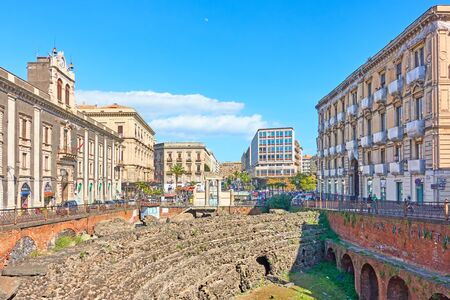 Catania, Italy - March 15, 2019: Cityscape with Roman Amphitheatre in Catania, Sicilyのeditorial素材