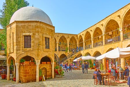 NIKOSIA, NORTHERN CYPRUS - January 25, 2019: Courtyard of  Buyuk Han caravansary (Great Inn) in...