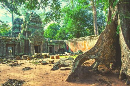 Ancient ruins of temple in the Angkor, Cambodia. Retro styleの写真素材