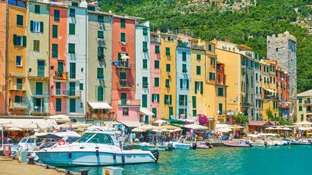 Porto Venere, La Spezia, Italy - July 5, 2019: Waterfront in Porto Venere, Liguriaのeditorial素材