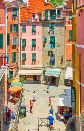 Vernazza, La Spezia, Italy - July 2, 2019:  Street with walking people in Vernazza town, Cinque Terre National Parkのeditorial素材