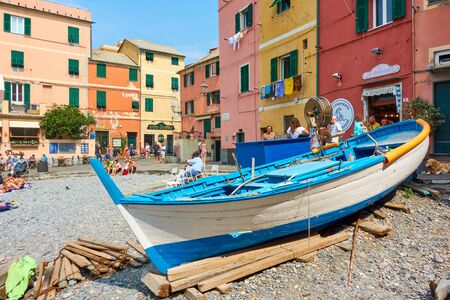 Genoa, Italy - July 7, 2019: View of Boccadasse beach in Genoa on sunny summer day with old fishing boatのeditorial素材