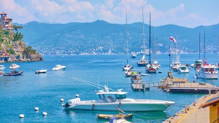 Panoramic view of harbour with yachts and boats in Portofino, Italyの写真素材