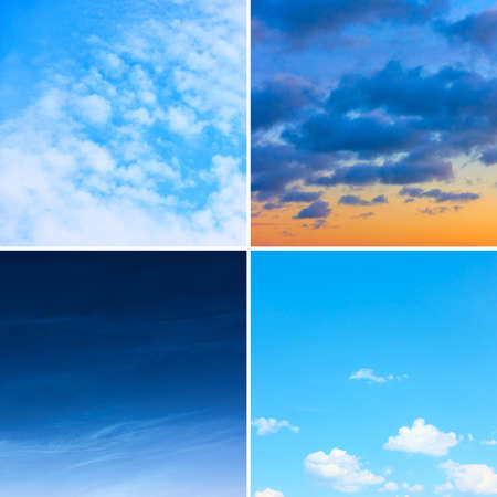 Set of four different skies with clouds. Day, night and sunset. Colorful natural backgroundsの写真素材